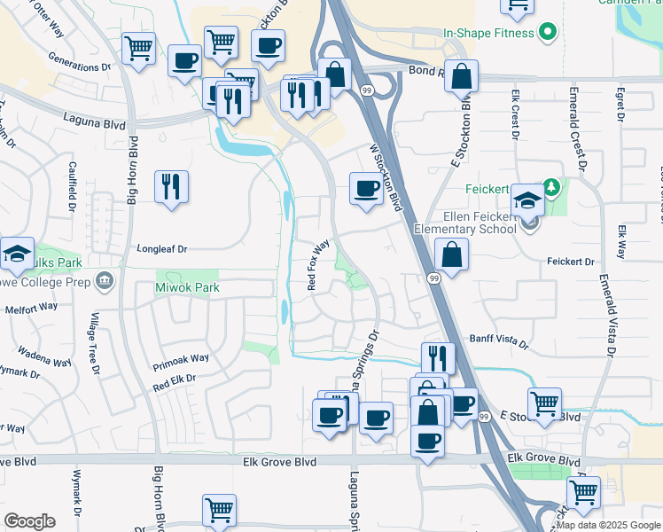map of restaurants, bars, coffee shops, grocery stores, and more near 8350 Delta Sand Court in Elk Grove
