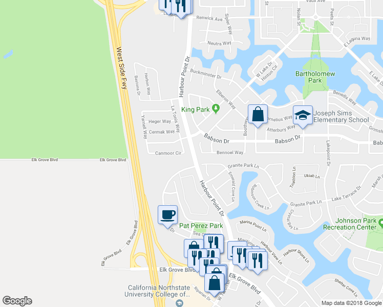 map of restaurants, bars, coffee shops, grocery stores, and more near 9400 Harbour Point Drive in Elk Grove