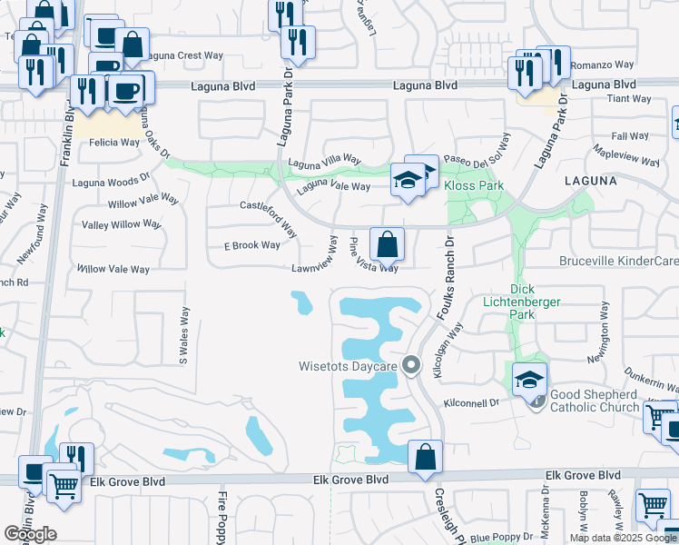 map of restaurants, bars, coffee shops, grocery stores, and more near 5822 Lawnview Way in Elk Grove
