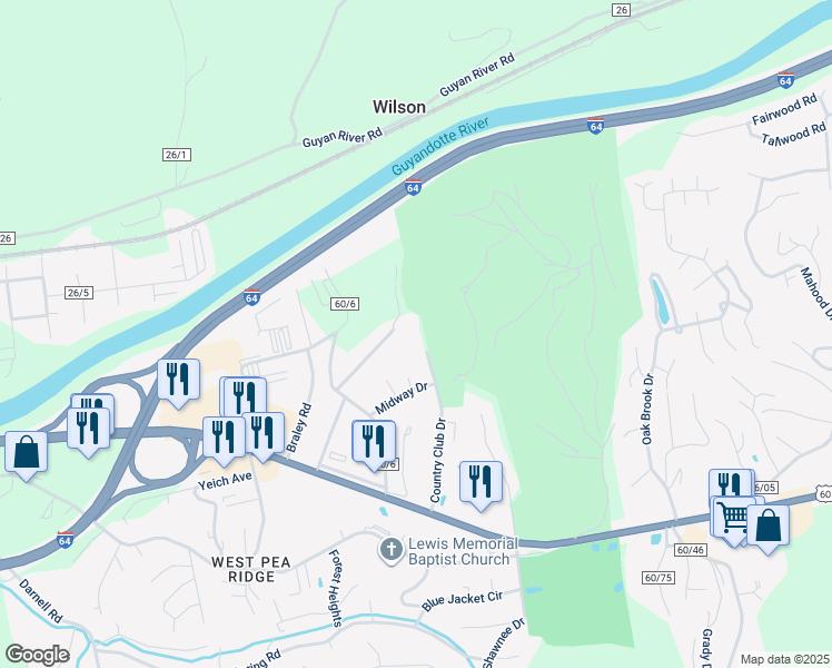 map of restaurants, bars, coffee shops, grocery stores, and more near 6275 Country Club Drive in Huntington