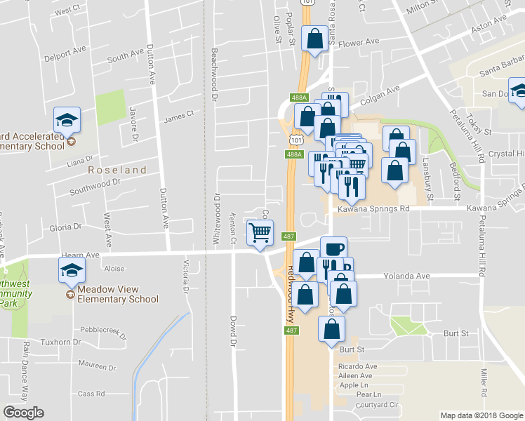 map of restaurants, bars, coffee shops, grocery stores, and more near 2373 Corby Avenue in Santa Rosa