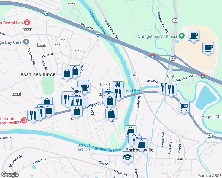 map of restaurants, bars, coffee shops, grocery stores, and more near Wilkinson Street in Huntington