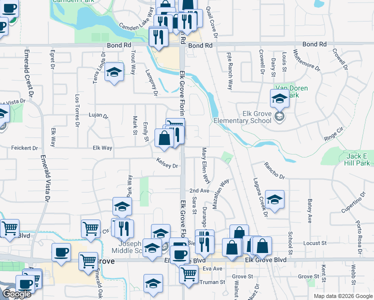 map of restaurants, bars, coffee shops, grocery stores, and more near 8904 La Haya Way in Elk Grove