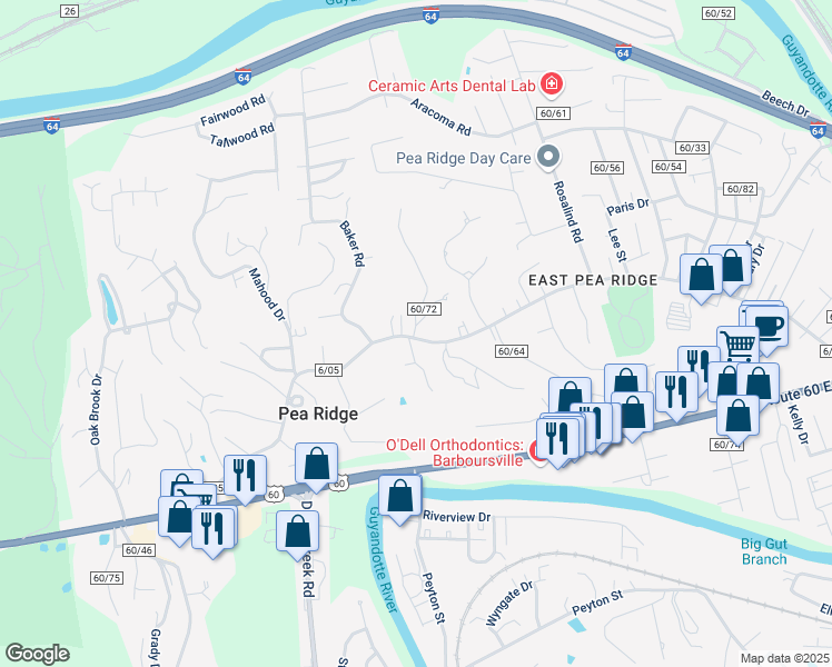 map of restaurants, bars, coffee shops, grocery stores, and more near 6032 East Pea Ridge Road in Huntington