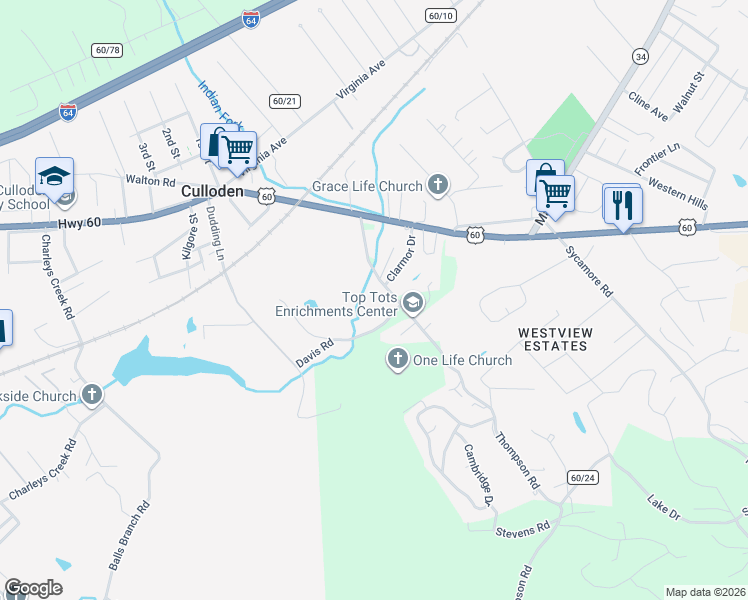 map of restaurants, bars, coffee shops, grocery stores, and more near 187 Thompson Road in Culloden