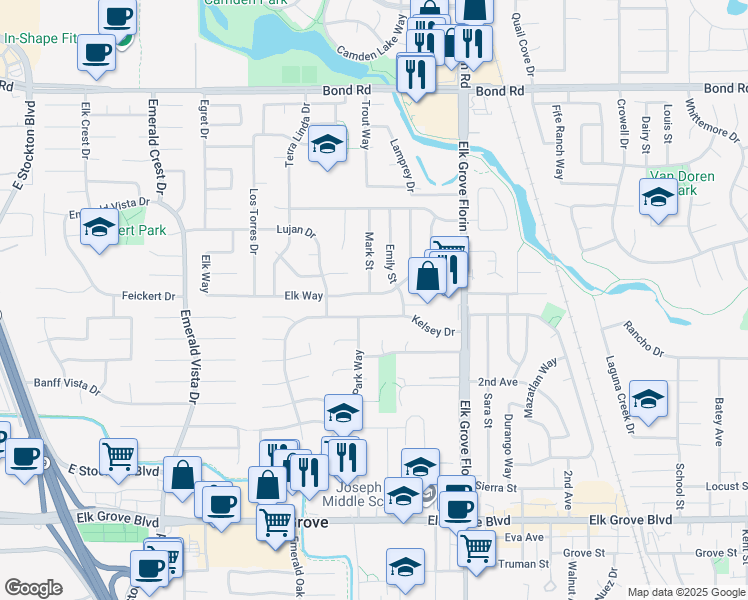 map of restaurants, bars, coffee shops, grocery stores, and more near 8818 Elk Way in Elk Grove