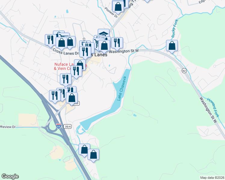 map of restaurants, bars, coffee shops, grocery stores, and more near 135 Lake Shore Drive in Cross Lanes