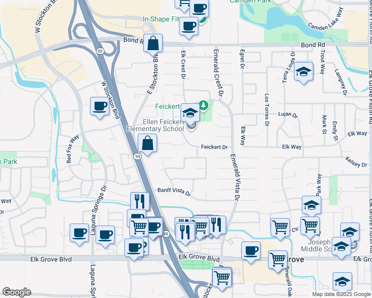 map of restaurants, bars, coffee shops, grocery stores, and more near 9366 Feickert Drive in Elk Grove