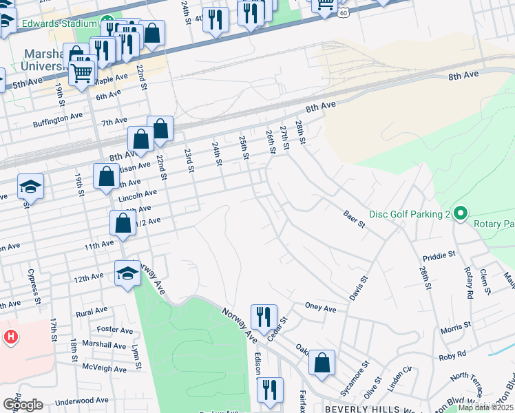 map of restaurants, bars, coffee shops, grocery stores, and more near 1029 25th Street in Huntington