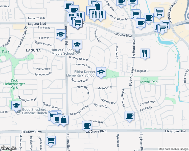 map of restaurants, bars, coffee shops, grocery stores, and more near 9448 Soaring Oaks Drive in Elk Grove