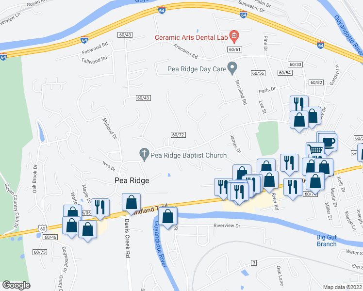 map of restaurants, bars, coffee shops, grocery stores, and more near 6032 East Pea Ridge Road in Huntington