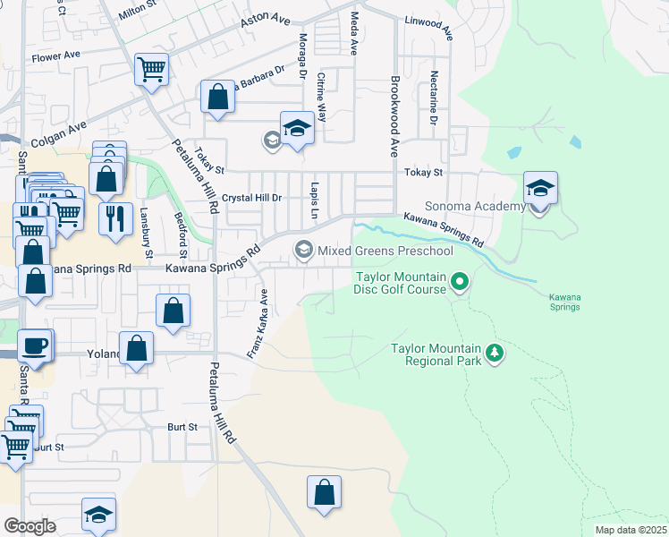 map of restaurants, bars, coffee shops, grocery stores, and more near 1400 Kawana Terrace in Santa Rosa