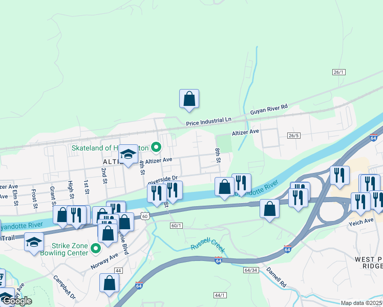 map of restaurants, bars, coffee shops, grocery stores, and more near 4690 Altizer Avenue in Huntington