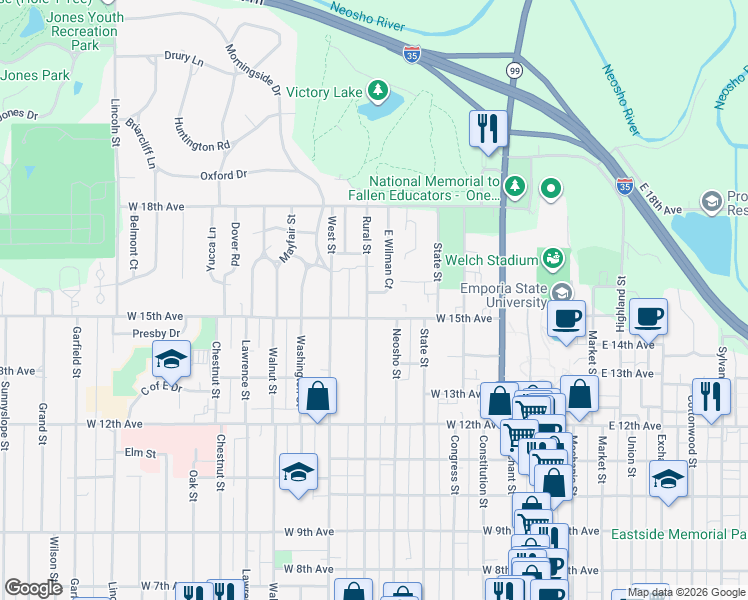 map of restaurants, bars, coffee shops, grocery stores, and more near 1510 Rural Street in Emporia