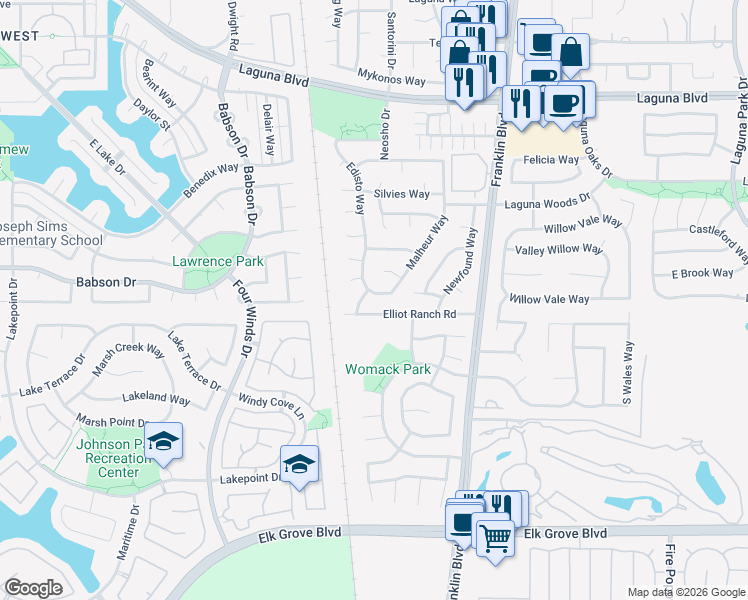map of restaurants, bars, coffee shops, grocery stores, and more near 9401 Malheur Way in Elk Grove