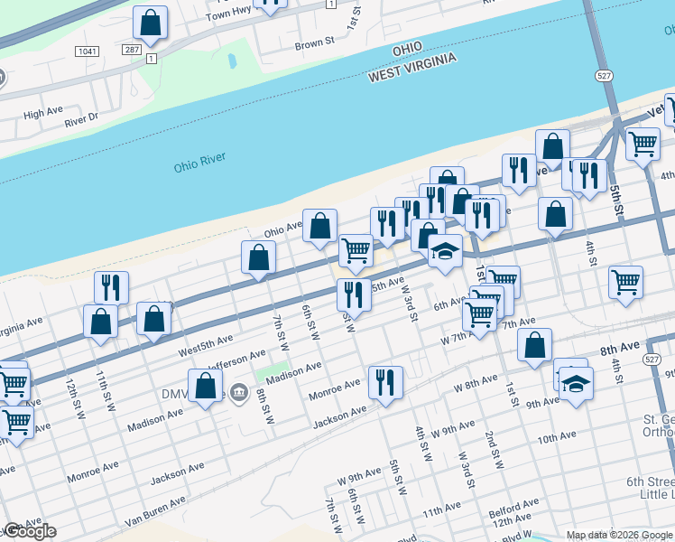 map of restaurants, bars, coffee shops, grocery stores, and more near 400-448 5th St W in Huntington