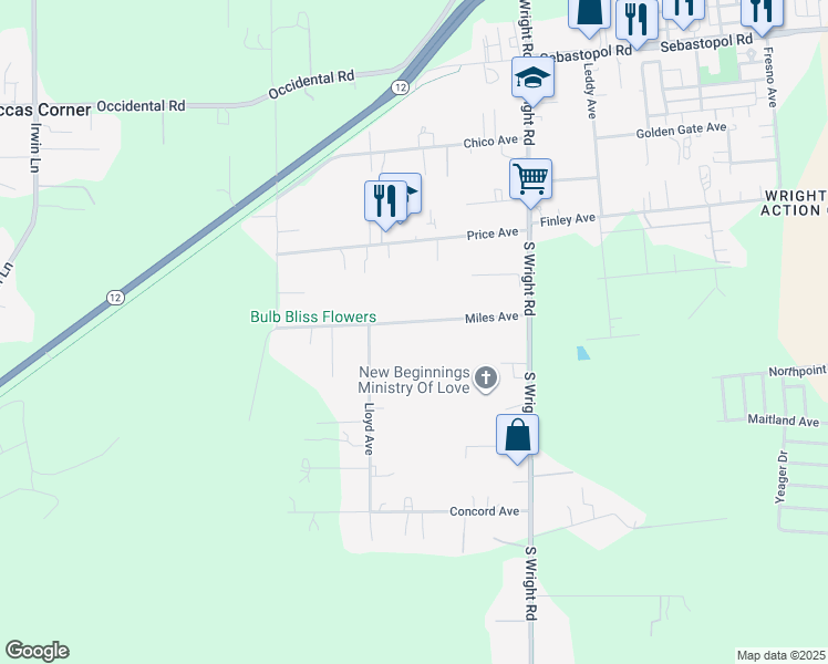 map of restaurants, bars, coffee shops, grocery stores, and more near 4230 Miles Avenue in Santa Rosa