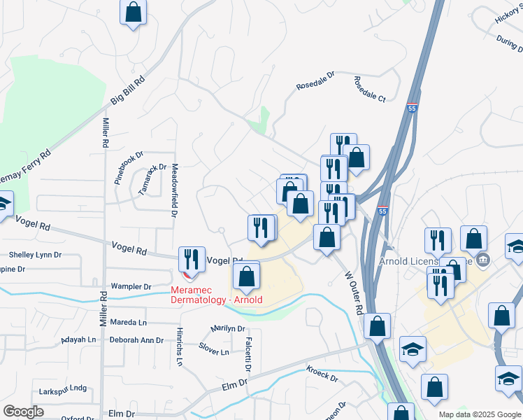 map of restaurants, bars, coffee shops, grocery stores, and more near 2033 Essex Drive in Arnold