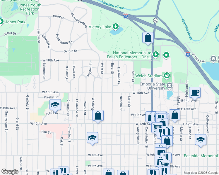 map of restaurants, bars, coffee shops, grocery stores, and more near 1510 Rural Street in Emporia