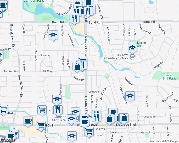 map of restaurants, bars, coffee shops, grocery stores, and more near 8904 La Haya Way in Elk Grove