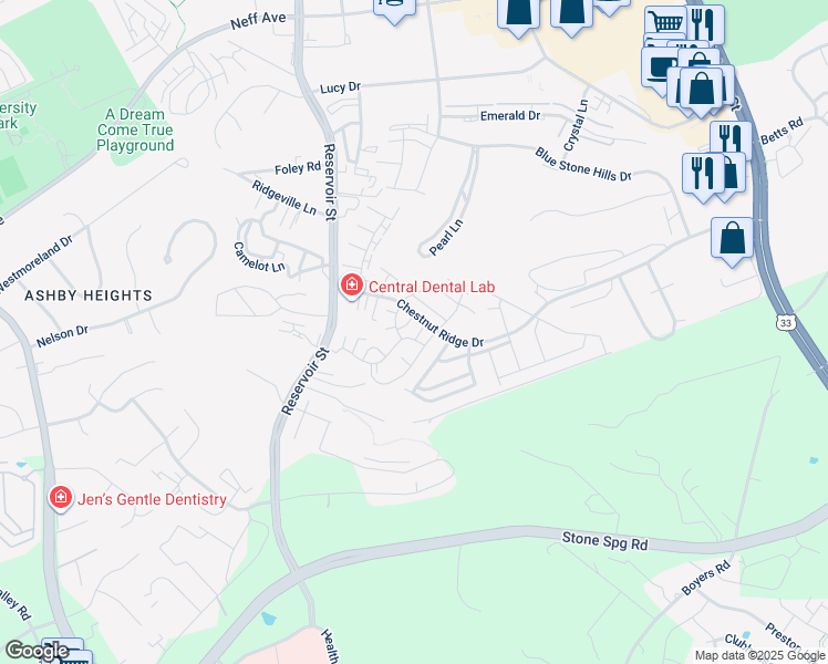 map of restaurants, bars, coffee shops, grocery stores, and more near 2404 Campus View Circle in Harrisonburg