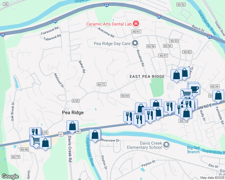 map of restaurants, bars, coffee shops, grocery stores, and more near 6050 East Pea Ridge Road in Huntington