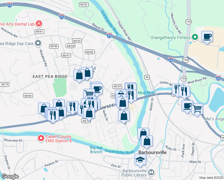 map of restaurants, bars, coffee shops, grocery stores, and more near 205 Nova St in Huntington