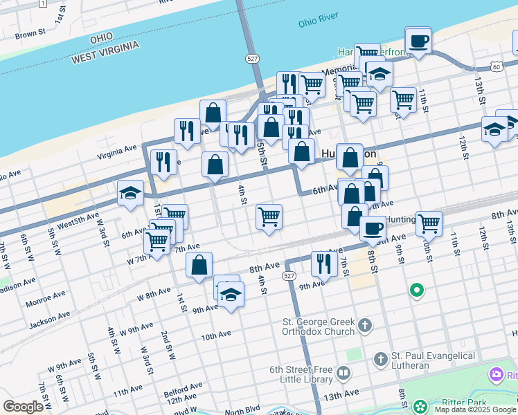 map of restaurants, bars, coffee shops, grocery stores, and more near 431 6th Avenue in Huntington