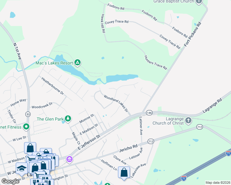 map of restaurants, bars, coffee shops, grocery stores, and more near 1006 Shore Line Drive in La Grange