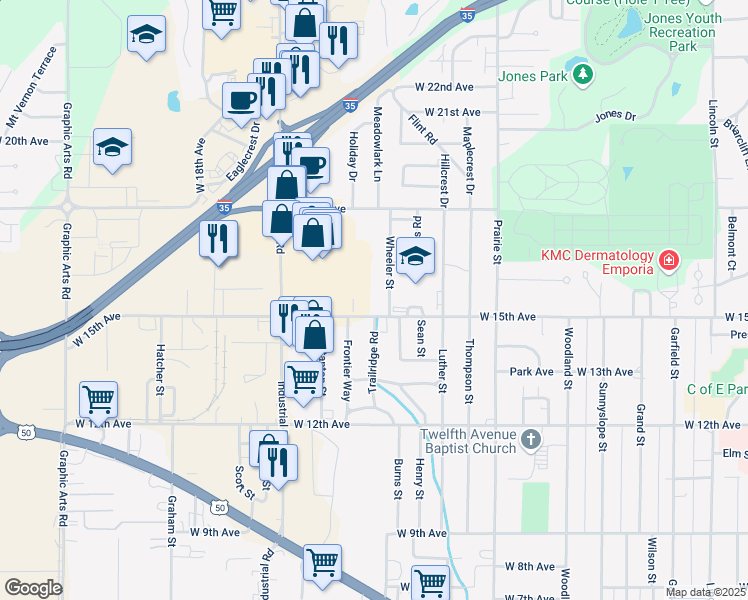 map of restaurants, bars, coffee shops, grocery stores, and more near 2518 West 15th Avenue in Emporia
