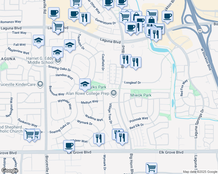 map of restaurants, bars, coffee shops, grocery stores, and more near 8164 Crystal Walk Circle in Elk Grove