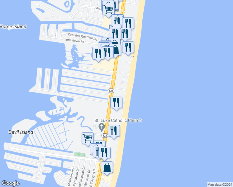 map of restaurants, bars, coffee shops, grocery stores, and more near 10900 Maryland 528 in Ocean City