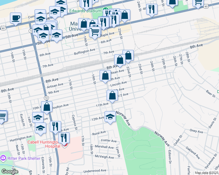 map of restaurants, bars, coffee shops, grocery stores, and more near 936 20th Street in Huntington