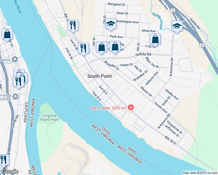map of restaurants, bars, coffee shops, grocery stores, and more near 403 4th Street East in South Point