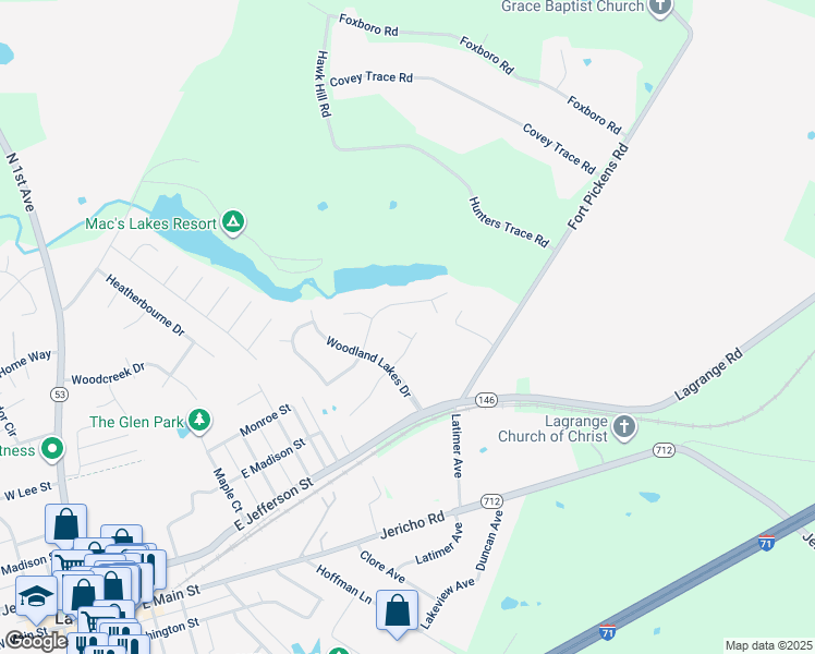 map of restaurants, bars, coffee shops, grocery stores, and more near 1012 Lyle Lane in La Grange