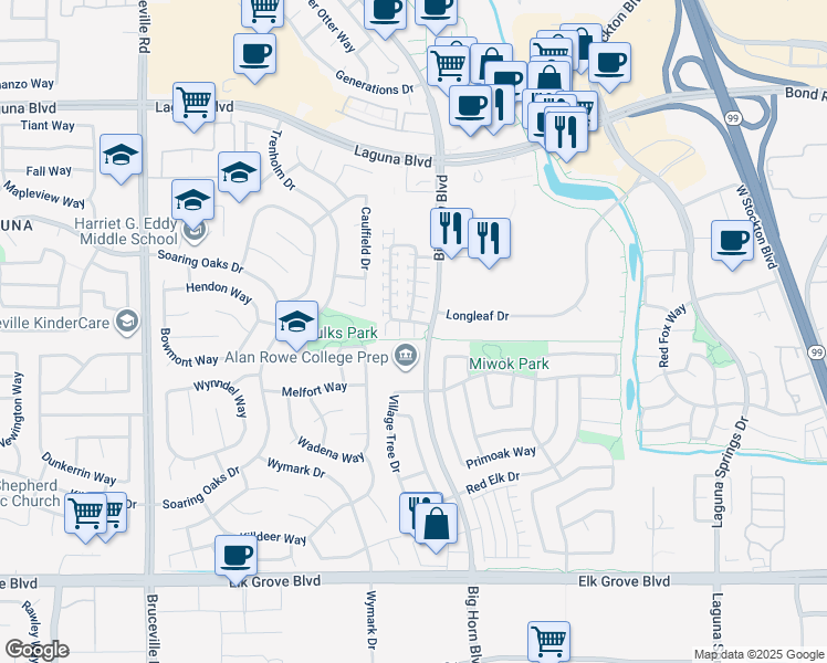 map of restaurants, bars, coffee shops, grocery stores, and more near 8122 Crystal Walk Circle in Elk Grove