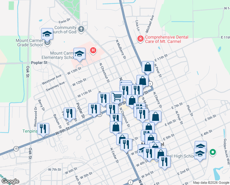 map of restaurants, bars, coffee shops, grocery stores, and more near 1001 North Chestnut Street in Mount Carmel