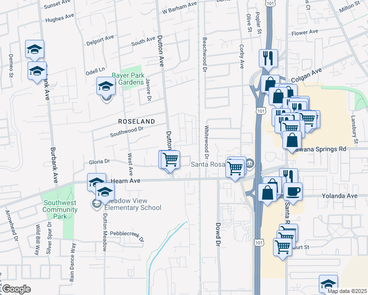 map of restaurants, bars, coffee shops, grocery stores, and more near 479 Miaterra Drive in Santa Rosa