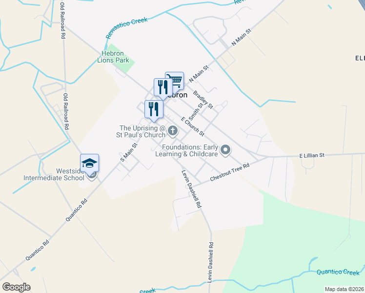 map of restaurants, bars, coffee shops, grocery stores, and more near 306 East Walnut Street in Hebron