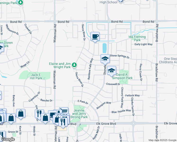 map of restaurants, bars, coffee shops, grocery stores, and more near 9394 Rainbow Falls Way in Elk Grove