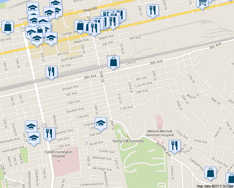 map of restaurants, bars, coffee shops, grocery stores, and more near 927 21st St in Huntington