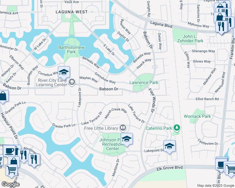map of restaurants, bars, coffee shops, grocery stores, and more near 9425 Cedarview Way in Elk Grove