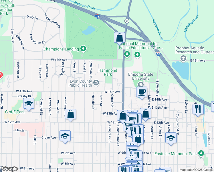 map of restaurants, bars, coffee shops, grocery stores, and more near 1520 State Street in Emporia