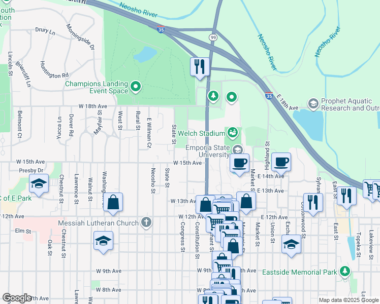 map of restaurants, bars, coffee shops, grocery stores, and more near 1520 Center Street in Emporia