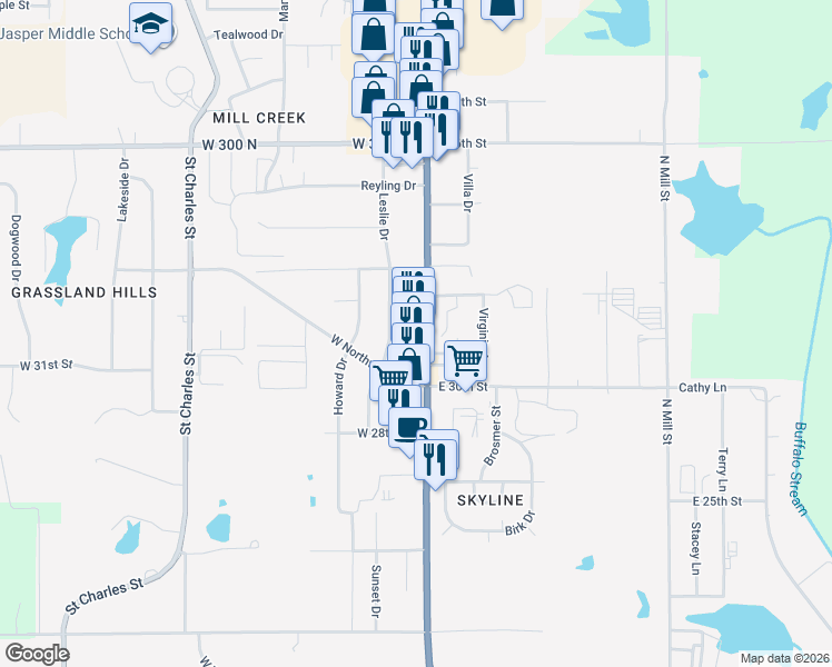 map of restaurants, bars, coffee shops, grocery stores, and more near 3117 North Newton Street in Jasper