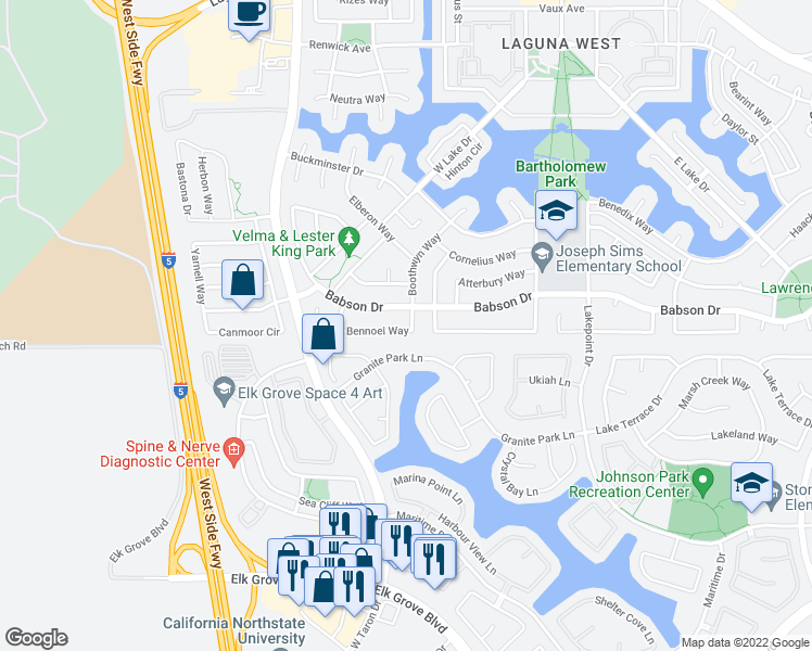 map of restaurants, bars, coffee shops, grocery stores, and more near 9387 Bennoel Way in Elk Grove