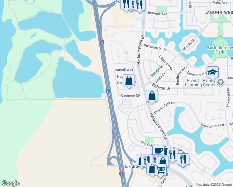 map of restaurants, bars, coffee shops, grocery stores, and more near 9509 Canmoor Circle in Elk Grove