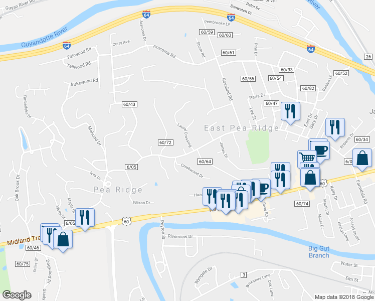 map of restaurants, bars, coffee shops, grocery stores, and more near 6050 East Pea Ridge Road in Huntington