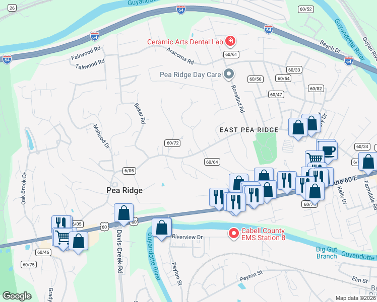 map of restaurants, bars, coffee shops, grocery stores, and more near 6050 East Pea Ridge Road in Huntington