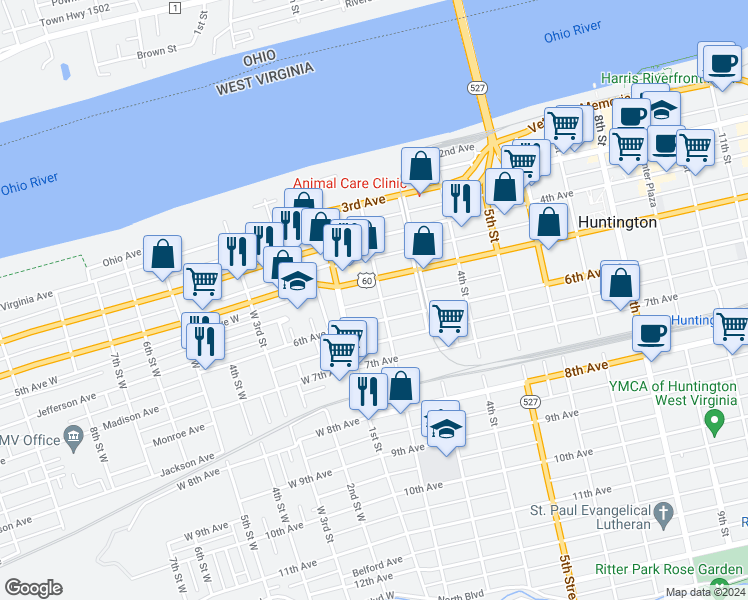 map of restaurants, bars, coffee shops, grocery stores, and more near 526 2nd Street in Huntington